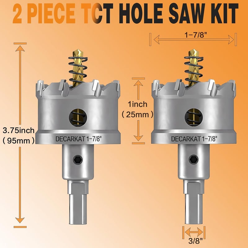DECKRKAT Store 2-Pack 1-7/8" TCT Hole Saws for Hard Metal, Heavy Duty 48mm Tungsten Carbide Tipped Hole Cutters Set with Spring-Loaded Pilot Drill Bits for Stainless Steel, Metal, Iron, and Plastic. - Image 2